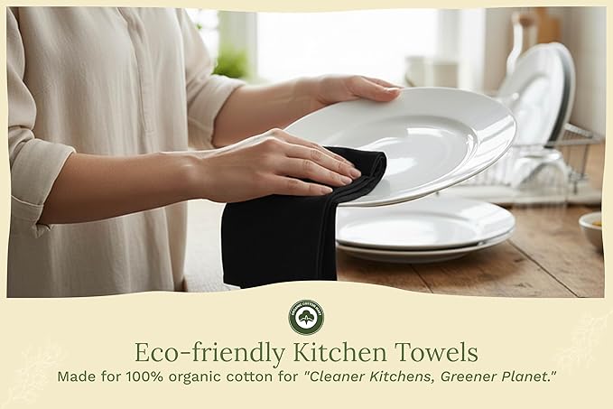 Organic Cotton Black Tea Towels - 100% Cotton, 10-Pack, Reusable and Washable Flour Sack Towels for Kitchen - Extra Large 27"x27", Durable Dish Towels with Hanging Loop (Black)