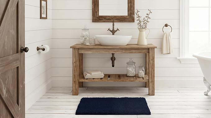 C23 Luxury Shag Bath Rug | 2200 GSM Ultra-Soft Plush Thick Bathroom Mat | 20"x32" Navy Blue High-Density Shaggy Rug | Non-Slip Natural Latex Back, Absorbent, Machine Washable, 1 Piece