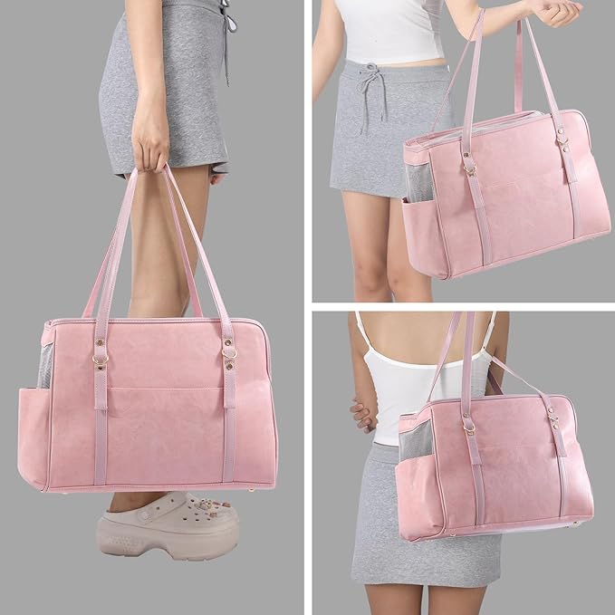 Lasaviin Dog Carrier Purse, Fashion Leather Pet Carrier with Pockets, Airline Approved Soft Sided Dog Carrying Bag for Puppy Cat Dog Pink