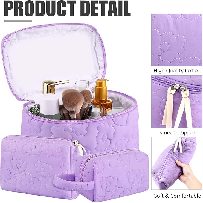 Paterr Makeup Bag Set 3 Pcs Large Quilted Cotton Make up Bags for Women Cosmetic Travel Toiletry Organizer Pouch Cute Aesthetic Storage Purse(Purple,Purple Flower)