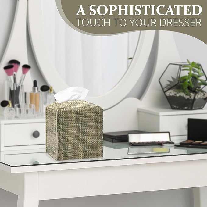PU Leather Square Tissue Box Cover with Woven Pattern, Cube Tissue Box Holder with Bottom Belt, Perfect Decorative Organizer for Tabletop, Car, Office, Bathroom (Beige Olive Green)