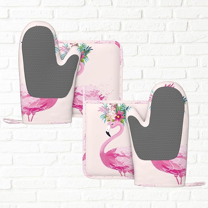 Cute Flamingo Pink Pretty Oven Mitts And Pot Holders Set Of 4 Silicone Heat Resistant Oven Mitten Potholders Non Slip Gloves Kitchen Decor For Bbq Cooking Grilling Baking