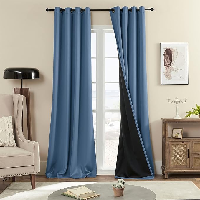 Rutterllow 100% Blackout Curtains, Full Shade Long Complete Drapes for Living Room, Thermal Insulated Bedroom Window Treatment Drapes (2 Panels, Stone Blue, 52 x 90 inch)