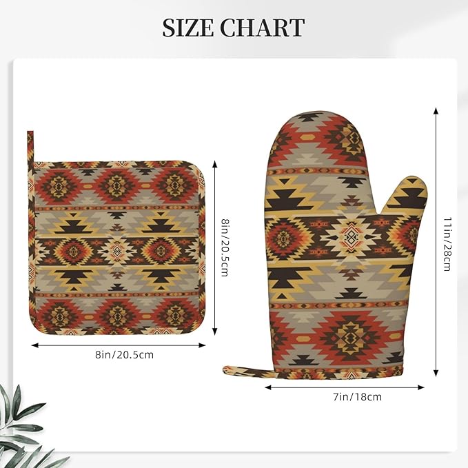 American Southwest Print Oven Mitts and Pot Holders Set of 4 Silicone Aztec Kitchen Mitten Gloves and Non-Slip Vintage Potholders Set Heat Resistant Oven Gloves Hot Holders for Kitchen