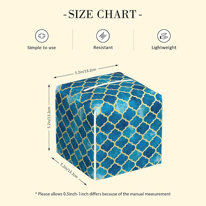 POIUBLE Tissue Box Holder Blue Moroccan Tile Tissue Box Cover Square Leather Tissue Holder Organizer Portable Decorative Facial Paper Case for Home Office Bathroom Vanity Countertop