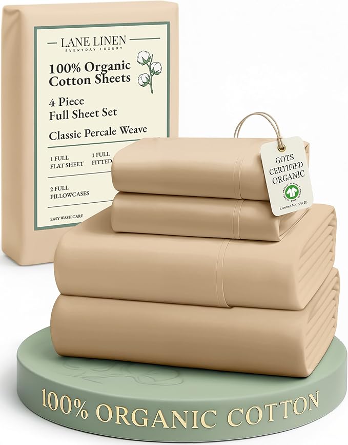 LANE LINEN 100% Organic Cotton Bed Sheets Full Size, Fully Elasticized Reinforsed Seams in Fitted Pocket, Machine Washable Naturally Cooling Full Sheet Deep Pocket Bedding- Linen