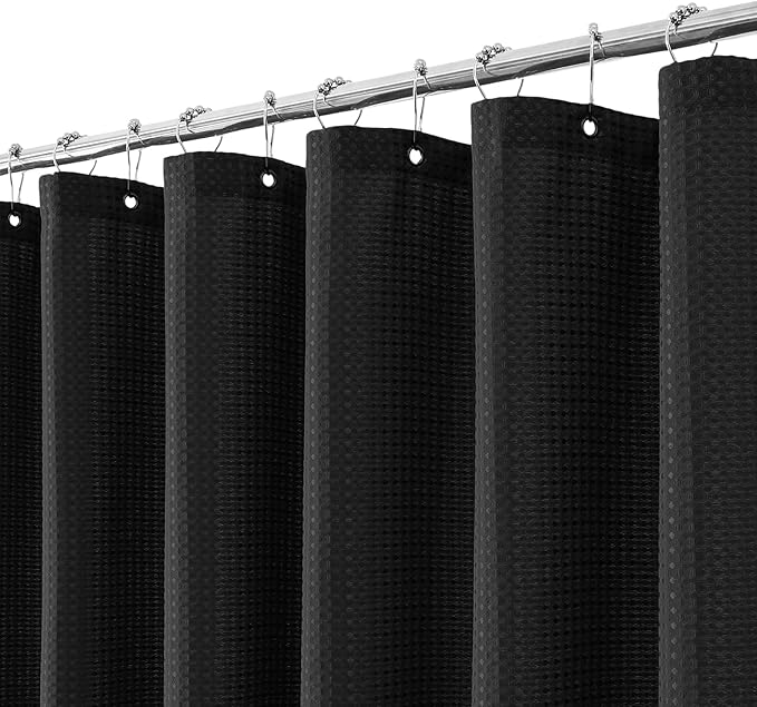 meioro Black Shower Curtain, Waffle Weave 256GSM Heavy Duty Textured Fabric Shower Curtains for Bathroom Hotel Spa, Luxury Weighted Polyester Cloth Bath Curtain Set with 12 Hooks, 72Wx72H