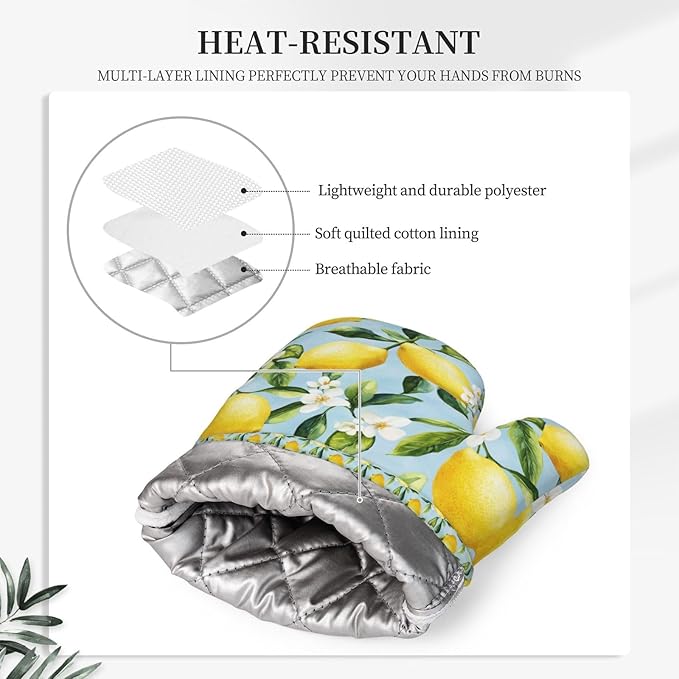 Oven Mitts Pot Holders Set Lemon Watercolor Flower Silicone Kitchen Gloves Potholders Heat Resistant for Chef Baking Cooking Grilling BBQ 4 Pack Mitt