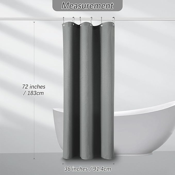 PANGSINNE Gray Shower Curtain Waffle Weave 36 Inches Heavy Duty Stall Fabric Shower Curtain Set for Bathroom, Waterproof Weighted 256GSM Half Size Shower Curtains with 6 Hooks, 36Wx72H Grey