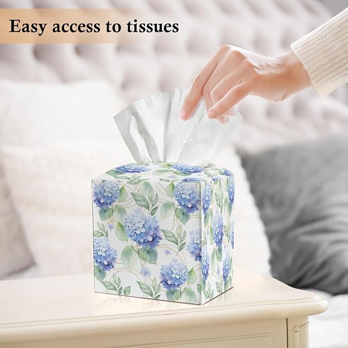 Blue Hydrangea Tissue Box Covers Square, Leather Tissue Box Holders Decorative for Car Nightstand Home Office Bathroom Organizer, Square Facial Paper Organizer Home Decor -011