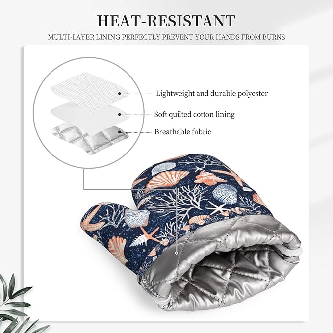 Oven Mitts 2 Pack, Silicone Kitchen Gloves, Heat Resistant with Non-Slip Grip and Soft Quilted Cotton Lining for Cooking Barbecue Backing (Seashells and Coral)