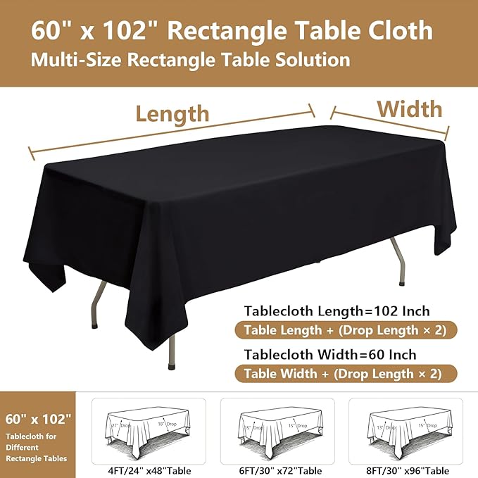 Black Tablecloths Rectangular 10-Pack, 60x102 Inch Table Cloth for Rectangle Tables - Polyester Fabric Tablecloth, Reusable & Washable Table Cover