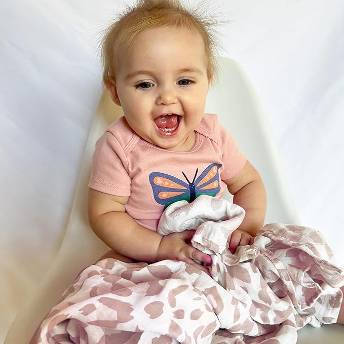 LifeTree Baby Muslin Swaddle Blankets Girl Newborn Receiving Blanket with Headband Bow Set Baby Blush Leopard Print Nursery Swaddle Wrap