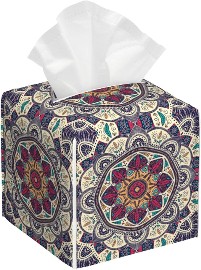 PVC Tissue Box Cover Holder,Mandala Square Decorative Organizer,5.2"X5.2"X5.2"Tissue Case for Bathroom,Tabletop,Car,Office