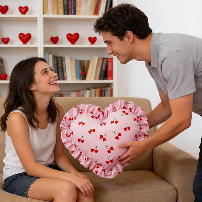 VigorSpring Valentines Pink Heart Shaped Pillow (15.7x15.7 Inches), Cute Cherry Print & Ruffled Edge Decorative Throw Pillow for Couch Bed Bedroom Living Room