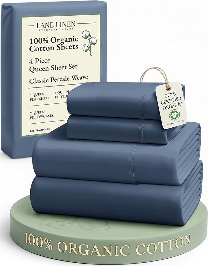 LANE LINEN 100% Organic Cotton Queen Sheets Set, Fully Elasticized Machine Washable Mercerized Cotton Soft & Comfy Low Pill Fade Resistant Sheets Queen Size Set, Classic Percale Weave- Estate Blue