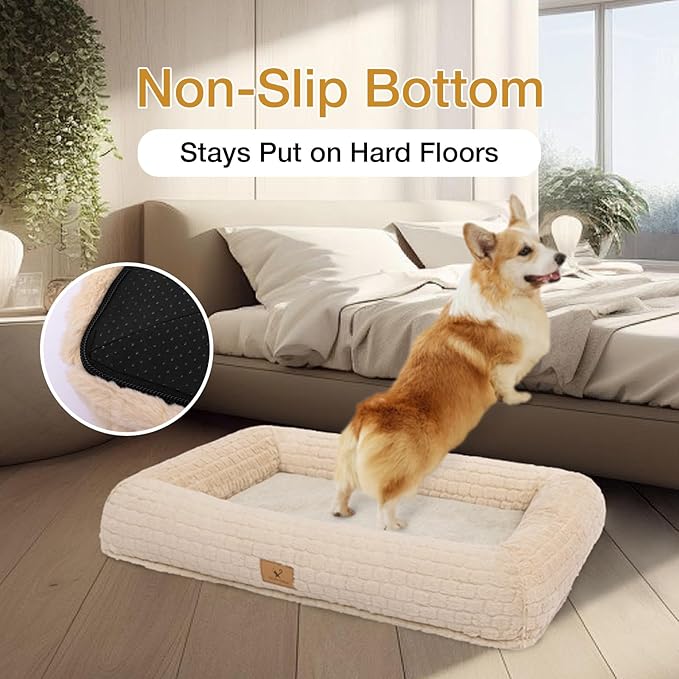 Plush Orthopedic Dog Bed for Medium Large Dogs, Memory Foam Bolster Sofa Bed with Removable Washable Cover, Waterproof Lining & Non-Slip Bottom (Tan-S)