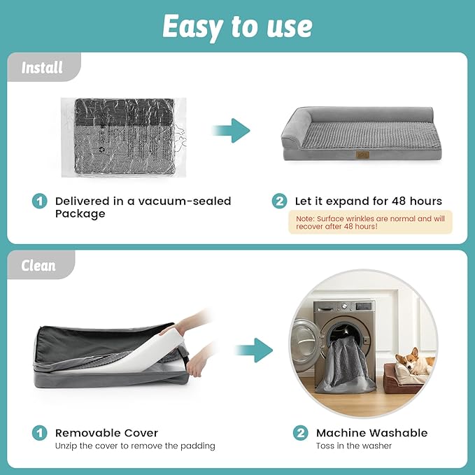 COZY KISS Orthopedic Dog Bed for Large Medium Size Dog, Dogs Crate Bed, L Shaped Foam Anti-Slip Bottom Pet Cat Sofa with Washable Removable Cover, Suitable for Pet Up to 75 lbs, 36x27x7.5 inch, Grey