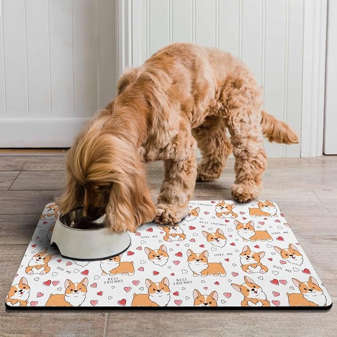 Corgi Dog Food & Water Mat, Pet Feeding Mat for Floor Non-Slip Waterproof, Super Absorbent Cat Bowl Mat, Easy to Clean Eco-Friendly Durable Pet Placemat,12" × 20"