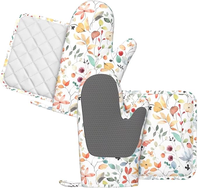 Sprint Floral Butterfly Oven Mitts Pot Holders Set Silicone Rustic Colorful Wild Flowers Kitchen Oven Mitts Heat Resistant Potholders Non-Slip 4pcs Hot Pads and Oven Gloves Sets for Cooking