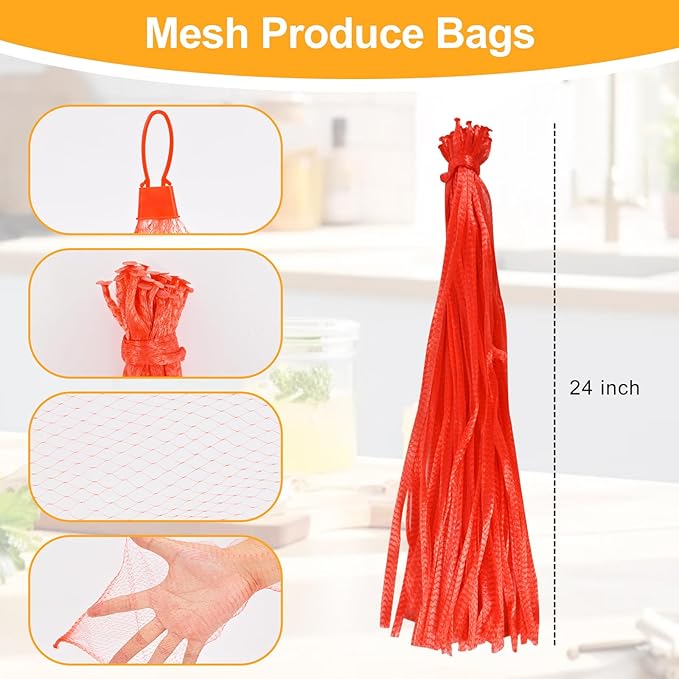 HXSMUYC 100-Pack Durable Nylon Mesh Bags, 24-Inch Reinforced Storage Bags with Secure Plastic Latches for Produce, Groceries, Toys, and Seafood Boiling
