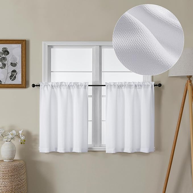 Lecloud Bessie White Curtains 24 Inch Length 2 Panels, Faux Linen Light Filtering Cafe Kitchen Curtains Tiers, Window Treatments for Bedroom Bathroom, Each 30 W x 24 L