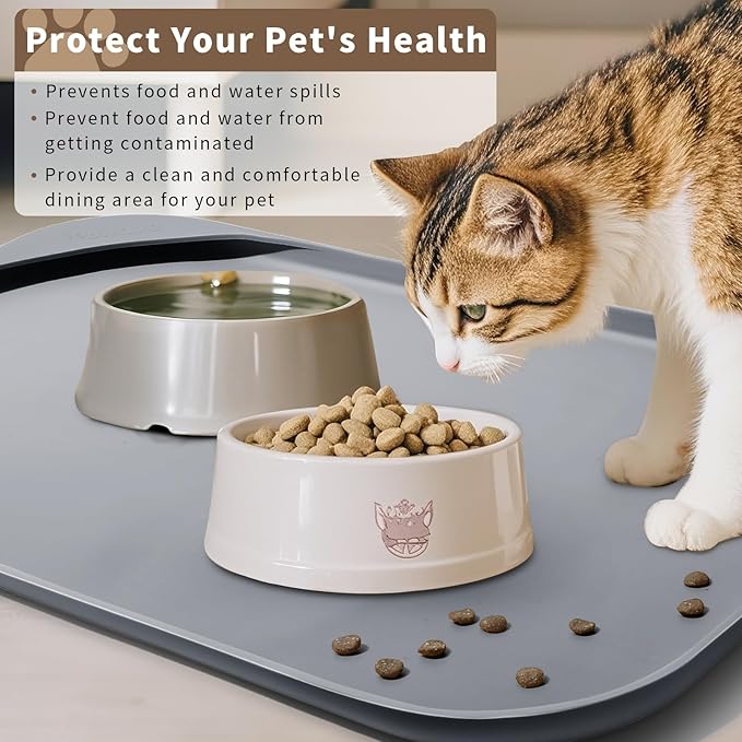 Smilool Silicone Pet Food Mat with Raised Edge for Food and Water Bowl, Dog Feeding Mats, Cat Food Trays for Floor Waterproof, Rubber Tray for Dogs and Cats, 24 x 16 x 0.8 Light Gray