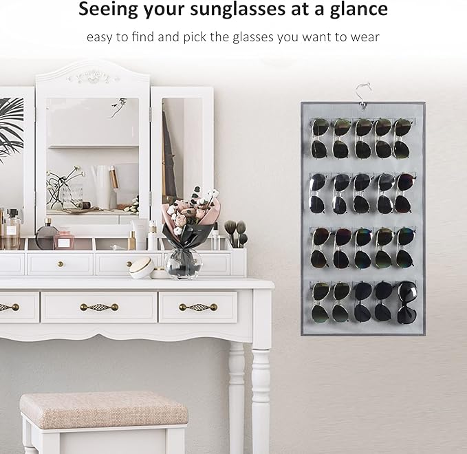 ANZORG Dual Sided Hanging Sunglasses Organizer Wall Mounted Glasses Rack Storage Eyeglasses Holder Eyewear Display Case with 40 Slots (40 Slots-Grey)
