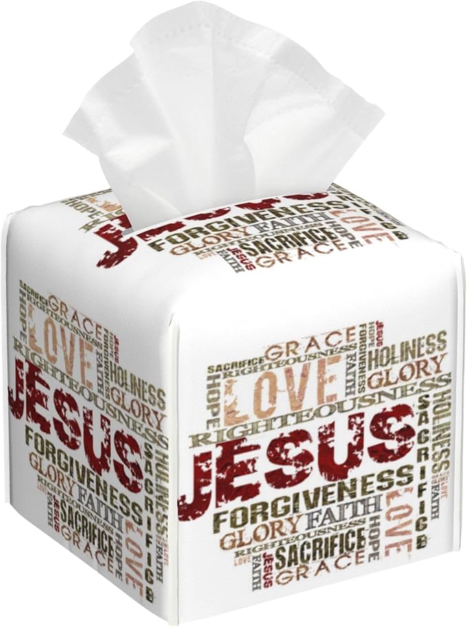 POIUBLE Tissue Box Holder Religious Words Tissue Box Cover Square Leather Tissue Holder Organizer Portable Decorative Facial Paper Case for Home Office Bathroom Vanity Countertop