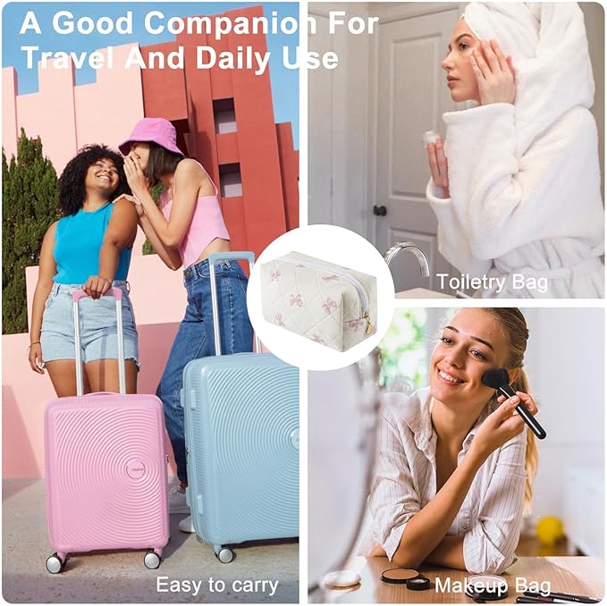 Gleyemor Small Quilted Makeup Bag for Women, Cute Floral Bow Cosmetic Bag, Emergency Bag Travel Toiletry Cotton Pouch Gifts for Girls Her Mom Friend Sister Bridesmaid (Small Pink Bowknot)