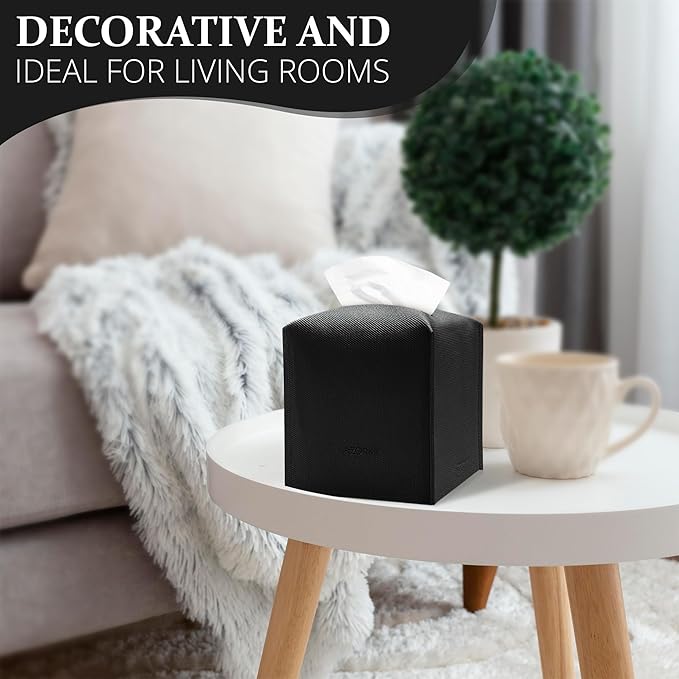 Tissue Box Cover, PU Leather Tissue Box Holder with Bottom Belt, Modern Square Tissue Box Covers with Wide Opening (Black, Woven Patterns)