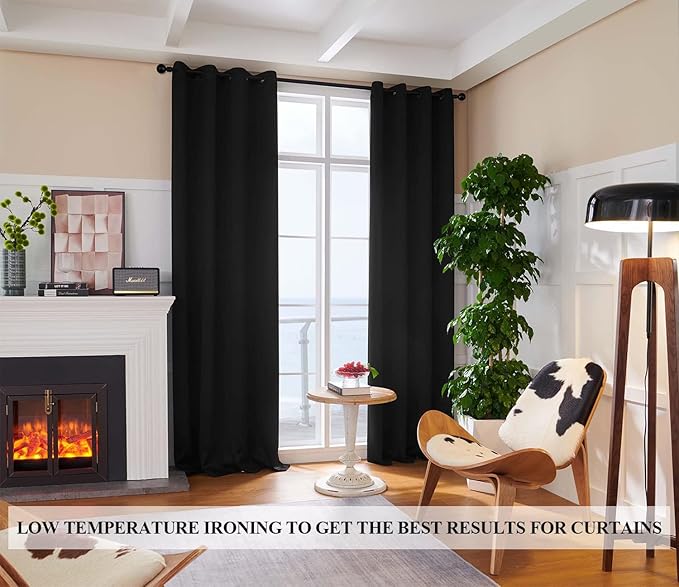 100% Blackout 340 GSM Curtains , 92 inches 2 panel sets, Heat and Full light Blocking Drapes with Grommets for Bedroom, Thermal Insulated Window Treatment Drapes for Living Room (Black,52x92inch)