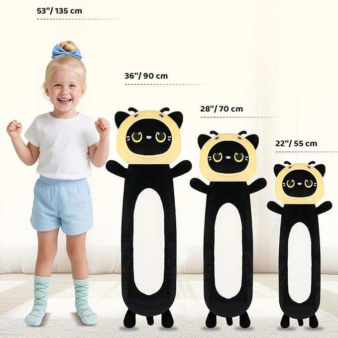HAIJUNYA 22 inch Bee Black Cat Long Plush Body Pillow Toy, Kitten Plushies with Stuffy Honeybee Oufit Big Stuffed Animals Gfit for Kids Boys Girls, Birthday, Halloween, Christmas