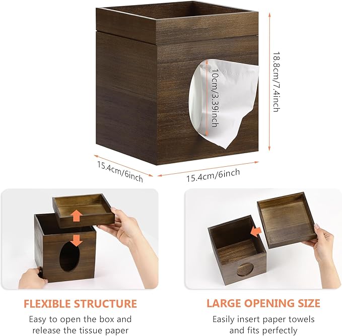 Tissue Box Cover, Brown Tissue Box Cover with Storage Tray Square Tissue Box Covers Holder for Bathroom, Bedroom, Dinner Table, Office, Tabletop 6" x 6" x 7.4"