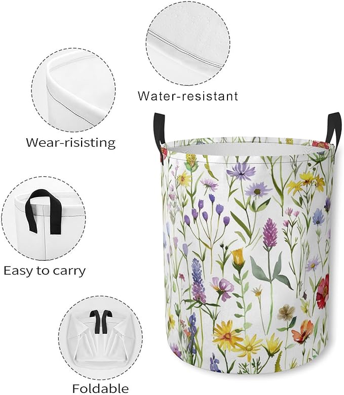 Laundry Basket Wildflower Meadow Collapsible Laundry Hamper with Handles Clothes Storage Bin for Household Bedroom Bathroom College Dorms