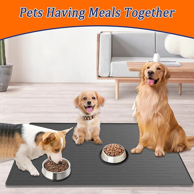 31.8"x23.8" Extra Large Pet Food Mat, Silicone Dog Mats for Food and Water, XL Nonslip Pet Feeding Mats for Floors,Dog Cat Bowl Mat with Raised Edges, Black
