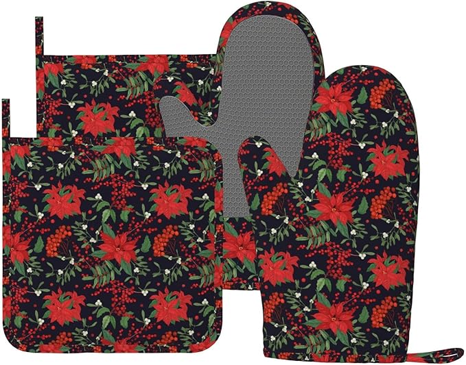 Oven Mitts Pot Holders Set Red Poinsettia Flower Christmas Xmas Silicone Kitchen Gloves Potholders Heat Resistant for Chef Baking Cooking Grilling BBQ 4 Pack Mitt