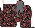 Oven Mitts Pot Holders Set Red Poinsettia Flower Christmas Xmas Silicone Kitchen Gloves Potholders Heat Resistant for Chef Baking Cooking Grilling BBQ 4 Pack Mitt