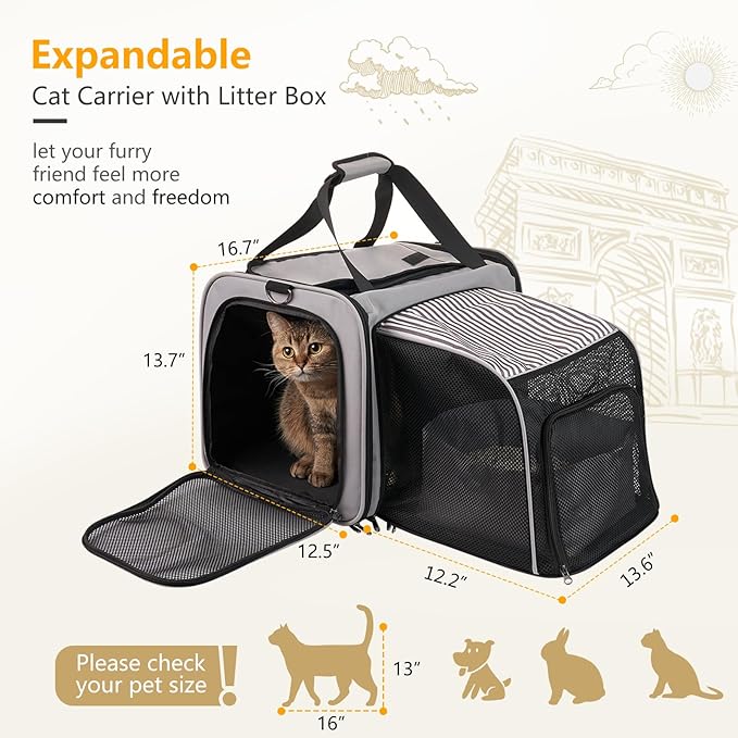 Cat Carrier with Litter Box, Collapsible Soft Sided Pet Carrier for Car Travel, Cat Travel Carrier with Locking Zippers, Expandable Cat Carrier with Food Bowl for Cats/Puppies up to 25 lbs, Grey