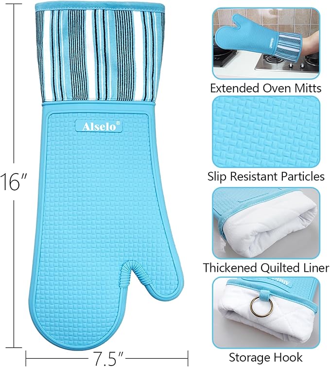 Oven Mitts Heat Resistant Silicone Kitchen Gloves for 550 Degrees with Waterproof and Non-Silp, Oven Gloves for Baking Cooking Barbecue Microwave Machine Washable (2, Extra Long Sapphire)