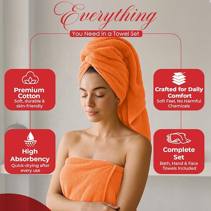 RIVERSIDE Pack of 8 Towels Set, 2 Large Bath, 2 Hand, 4 Face Washcloths, 100% Cotton Hotel Quality, Super Soft, Quick Dry, Highly Absorbent Perfect for Bathroom, Orange