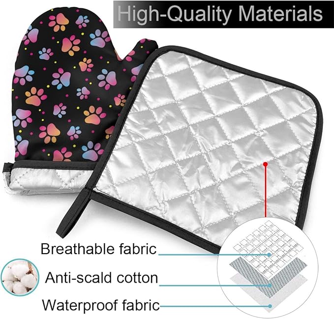 Dog Animal Paws Print Oven Mitts and Pot Holders Insulated Gloves & Kitchen Counter Safe Mats for Cooking BBQ Baking Grilling (2-Piece Set)