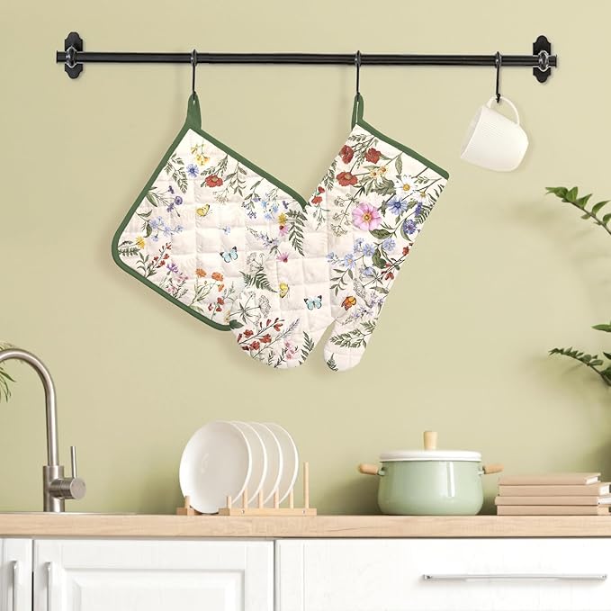 Floral Grass Oven Mitts and Pot Holders Sets 2Pcs, 100% Cotton Heat Resistant, Extra Long Oven Gloves Potholder for Kitchen Cooking Baking Decoration
