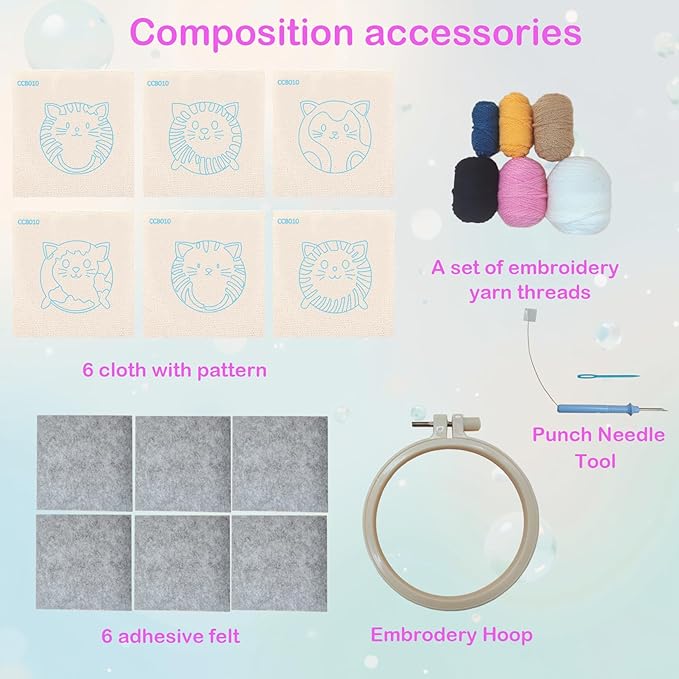 57lilina Punch Needle Coaster Kit for Adults Beginners, 6 Set Complete Animal Cat Punch Needle Stitching Embroidery Art Kit, Step-by-Step Guide Make Punch Needling Drink Coasters for Starter