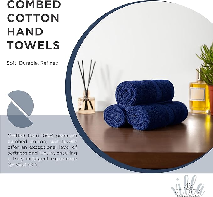 Villa Celestia 100% Cotton Hand Towel Set of 4, (16 x 28 inches) Sustainable, Soft, Highly Absorbent, Quick Drying, Combed Cotton Hand Towels Pack of 4 Ideal for Hotels, Spa, Bathroom, Dorm, Navy Blue