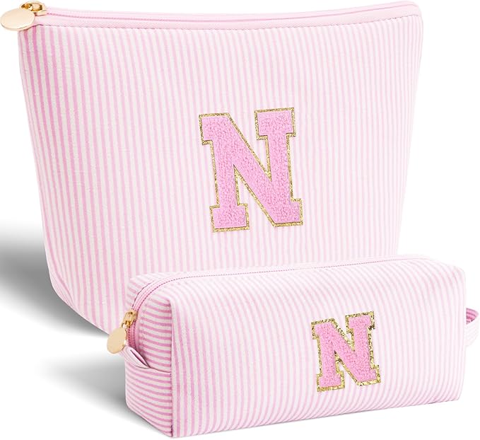 Btffitting Personalized Makeup Bag for Women Girls - Fashion Cosmetic Bag Trendy Travel Toiletry Bag with Initials Letter - Teen Gifts - Pink,N