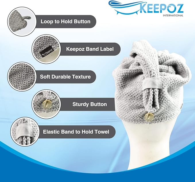 KEEPOZ Hair Towel Wrap Quick Dry 100% Cotton Super Absorbent Turban Head Wrap for Women with Button, Non Microfiber Anti Frizz Hair Cap for Curly, Long & Thick Hair (Grey Check, 2 Pcs)