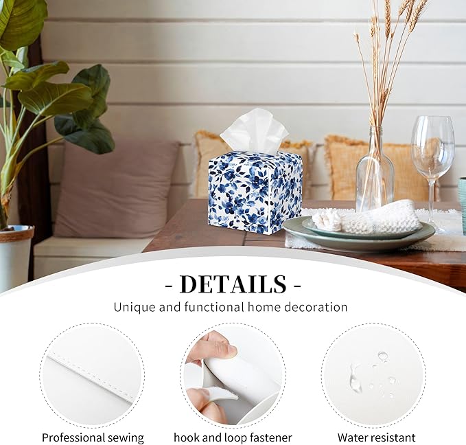 Tissue Box Cover Square, Sweet Blue Flower Watercolor Leather Tissue Box Holder Decorative Organizer for Bathroom, Home Office Car Decor