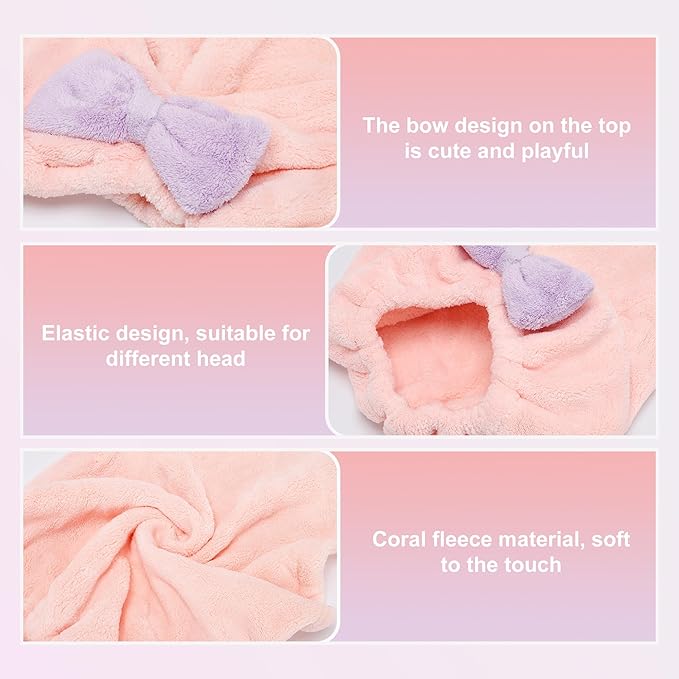 VOCOSTE 2pcs Hair Drying Towels, Triangular Hair Towel Wrap for Women, Absorbent Hair Turban Towel, Bow Hair Drying Cap for Straight Short Hair, Pink