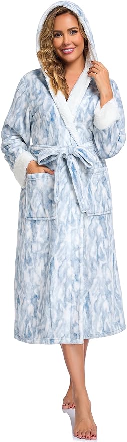 RONGTAI Womens Plush Fleece Hooded Bathrobe, Thick Nightgown Long Robe Sleepwear with Two Side Pockets and Belt